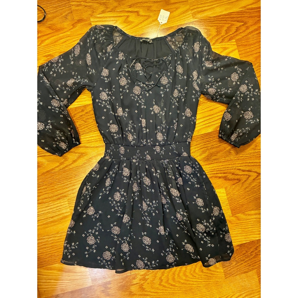 Abercrombie & Fitch Floral Mini Dress Cottagecore Boho Smocked Small Navy Black